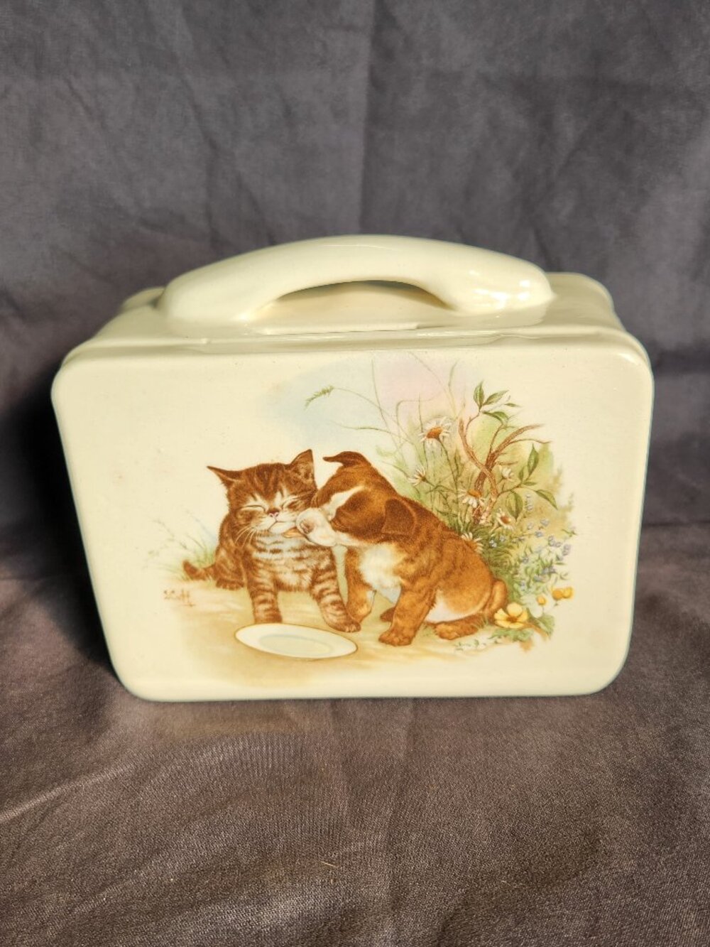 Vintage Mayco Ceramic Coin Bank Puppy Kitten Suitcase Shape Animal Nursery